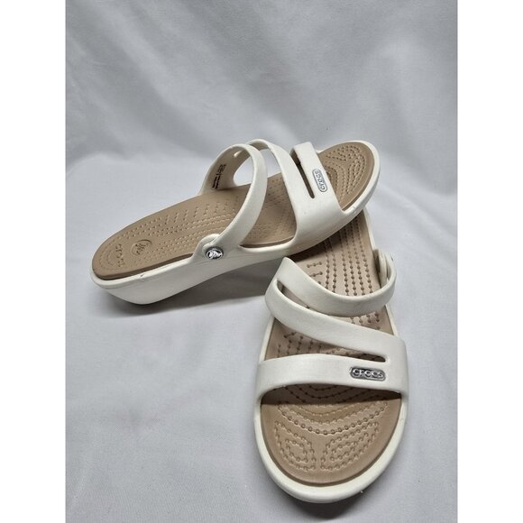 Crocs Patricia Wedge Strappy Slide Slip On Sandals Womens Size 6 White/Tan - Picture 1 of 10